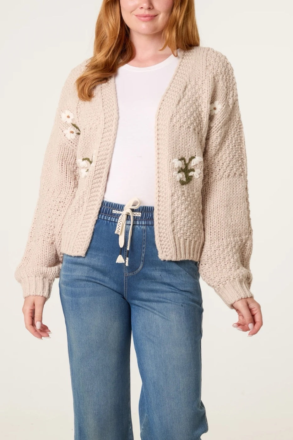 Embroidered Chunky Knit Cardigan - Stone