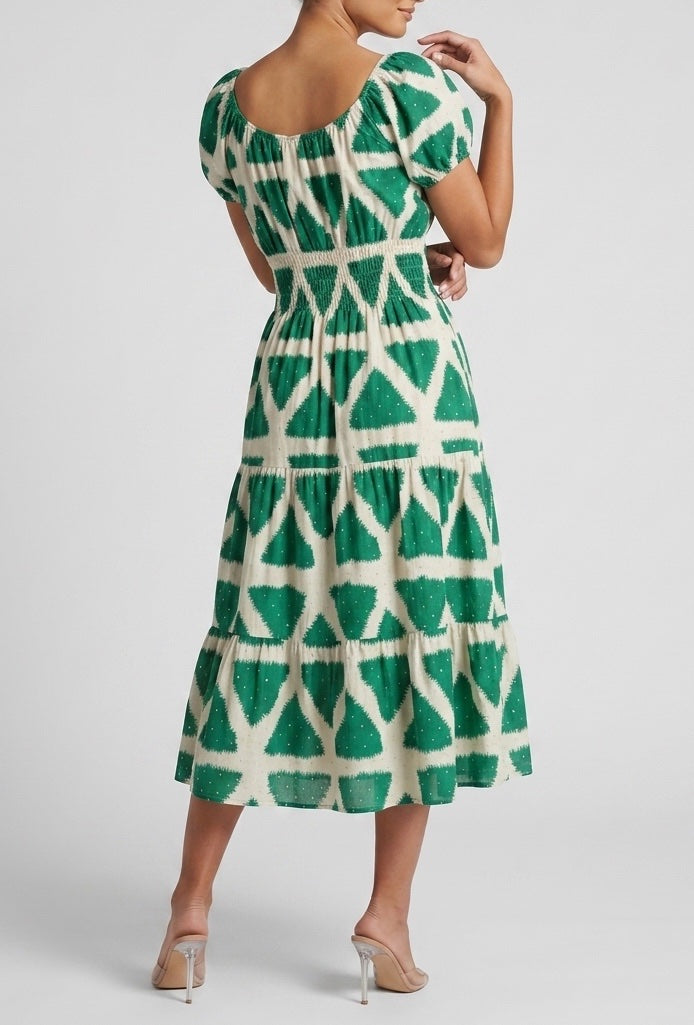 Shirred Puff Sleeve Midi Dress - Green