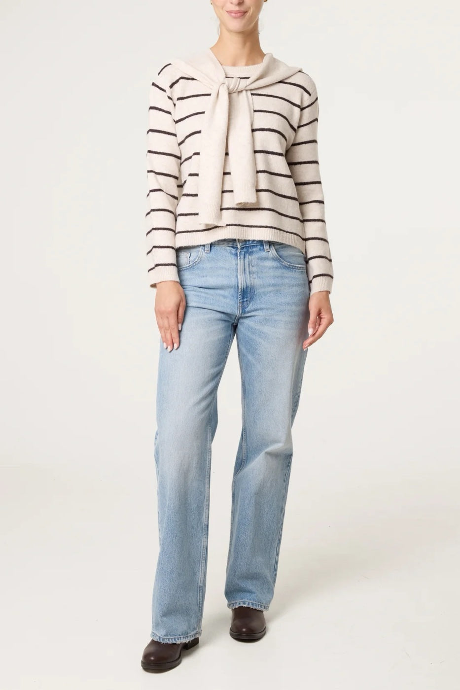 Striped Knit Crewneck Scarf Sweater - Navy (2)