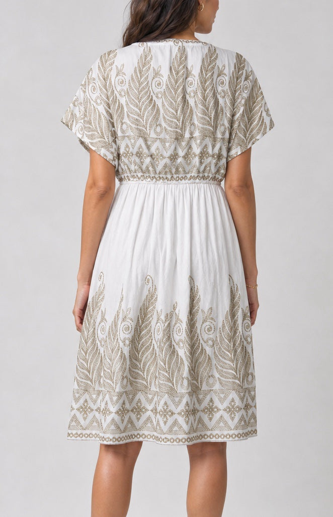 Embroidered V-Neck Flutter Sleeve Dress - White