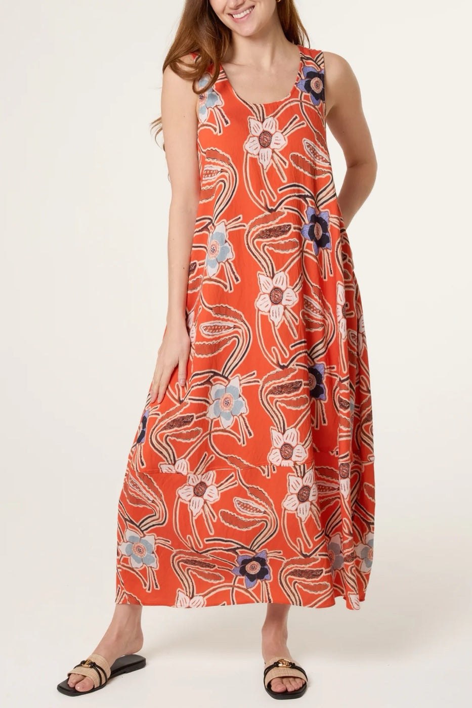 Vibrant Floral Maxi Dress - Bright Orange