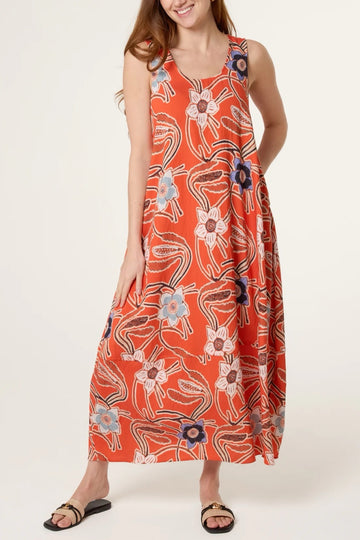 Vibrant Floral Maxi Dress - Bright Orange