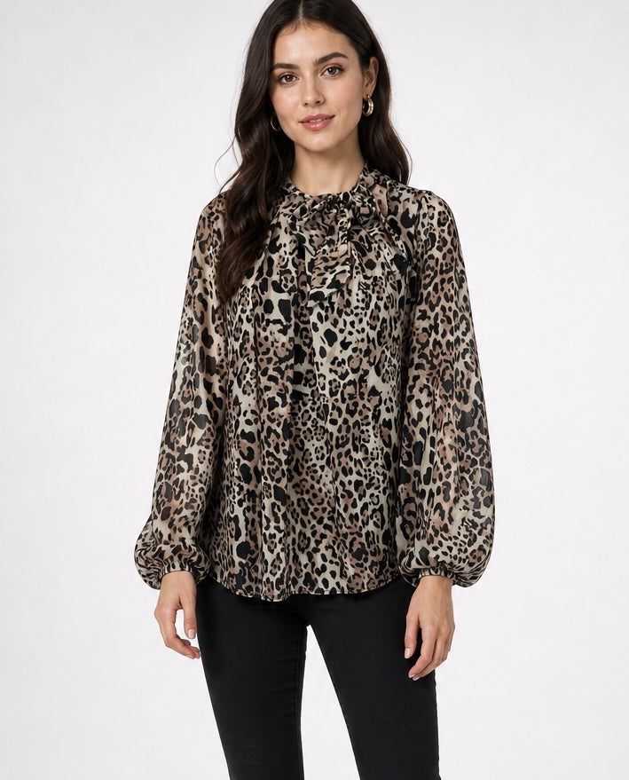 Leopard Print Tie-Neck Blouse - Animal Print