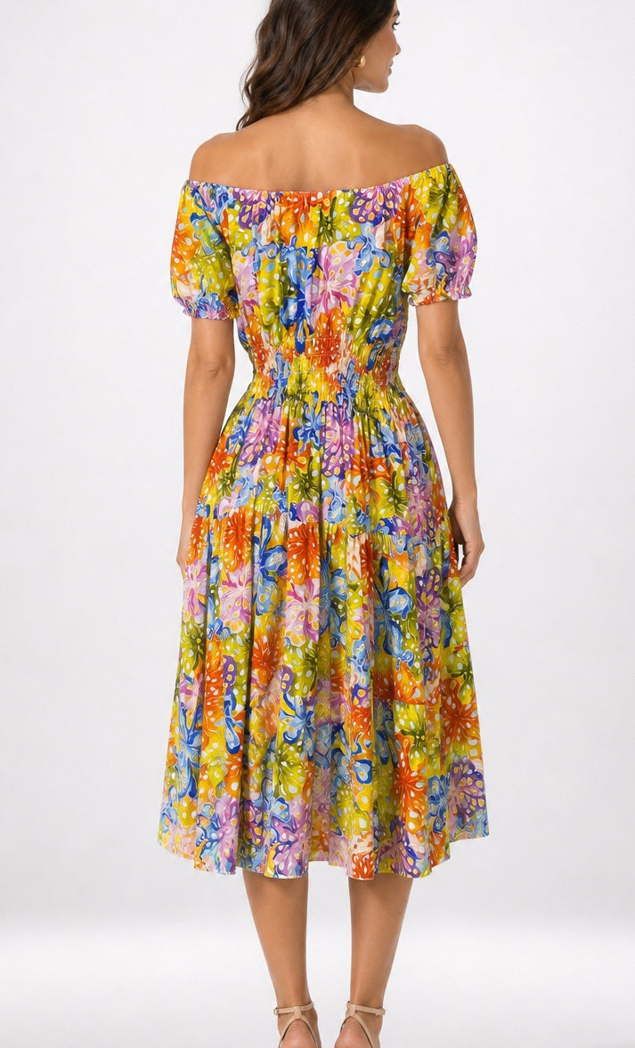 Off-the-Shoulder Multi Print Midi Dress - Multi