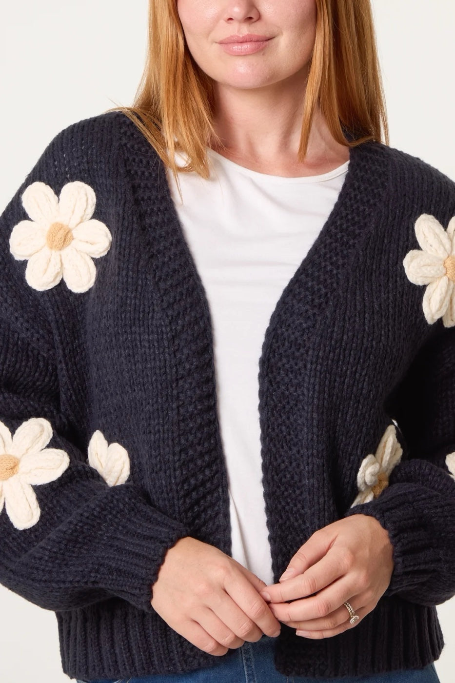Floral Appliqué Chunky Knit Cardigan - Navy