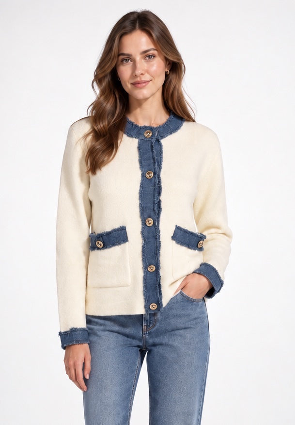 Denim Contrast Trim Knit Cardigan - Ivory