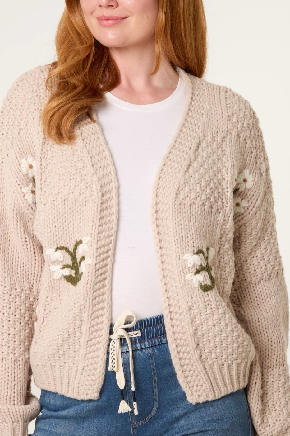 Embroidered Chunky Knit Cardigan - Stone (2)