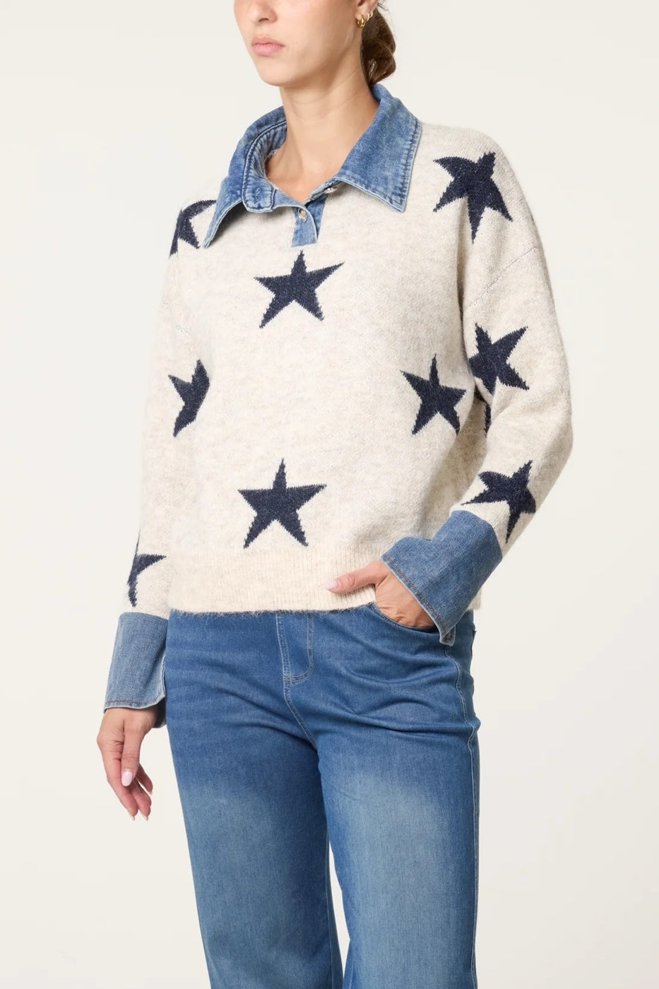 Star Knit Jumper with Denim Accents - Stone