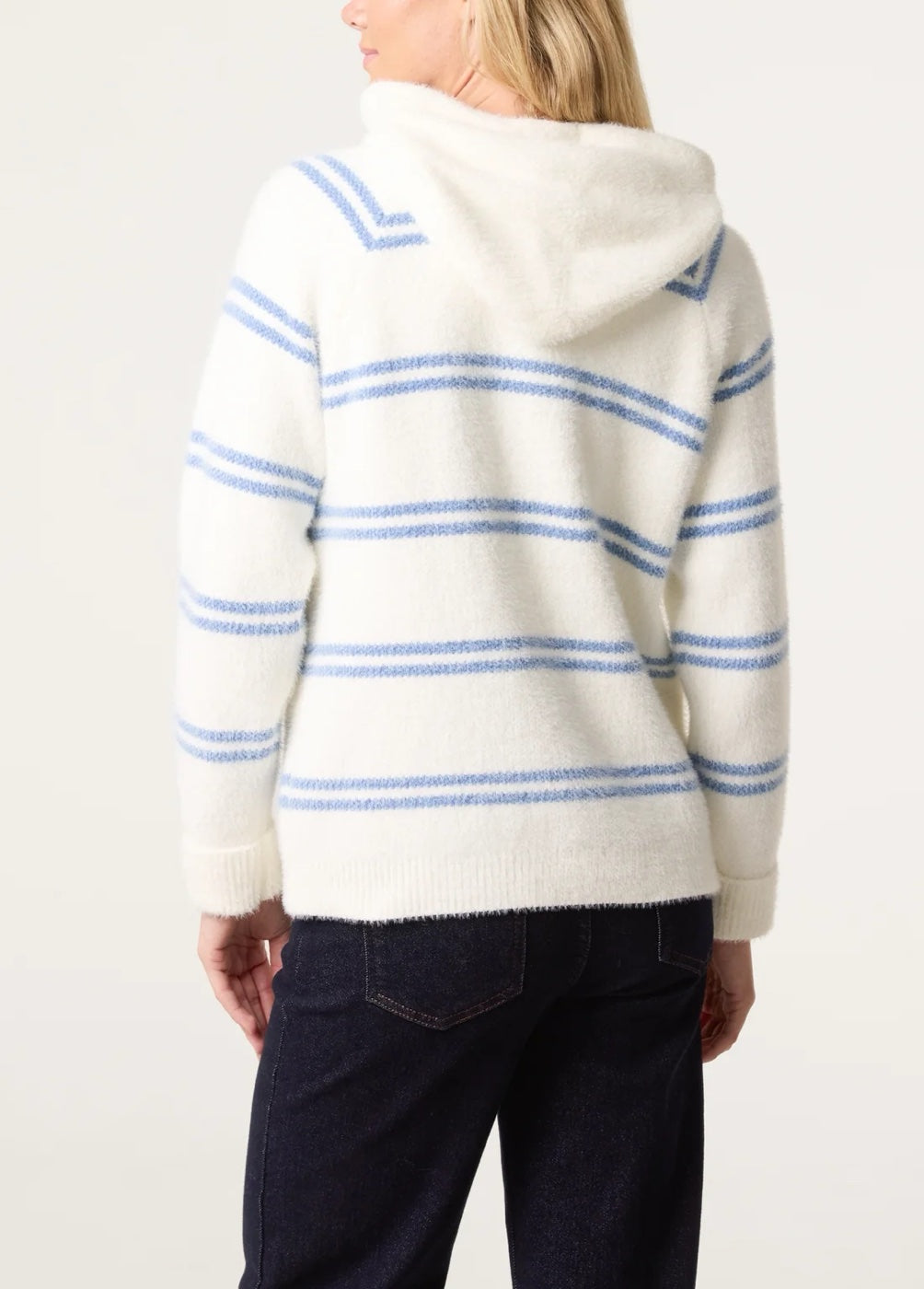 Stripe Knit Zip-Up Hoodie - Ivory/ Denim (2)