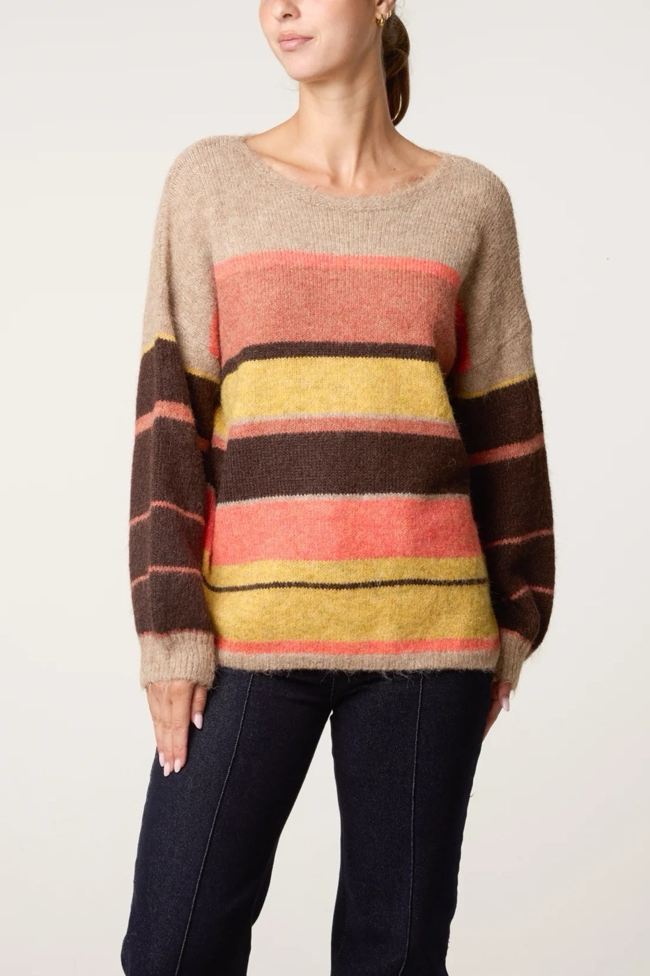 Striped Boat Neck Jumper - Coffee