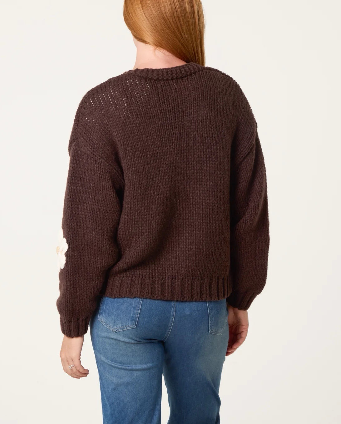 Floral Appliqué Chunky Knit Cardigan - Chocolate (2)