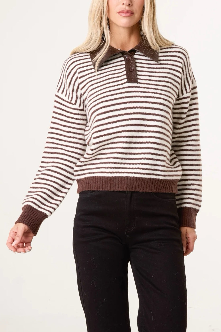 Striped Jumper with Faux Leather Collar - Chocolate (2)