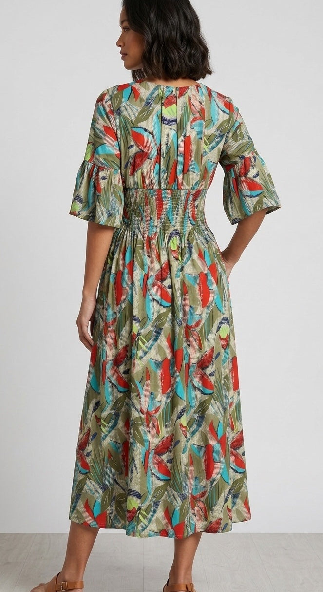 Abstract Botanical Print Shirred Midi Dress - Green (2)