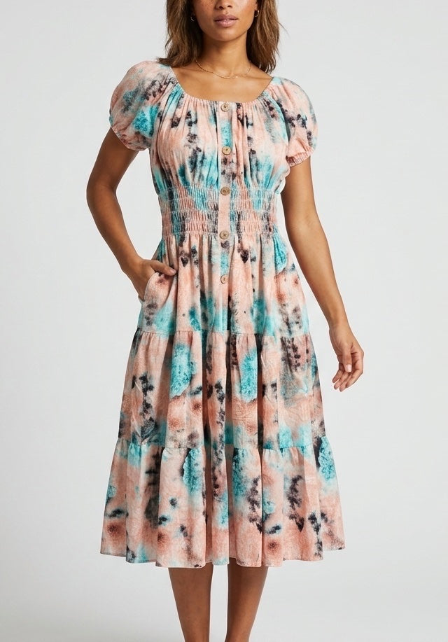 Smocked Bodice Midi Dress - Pink