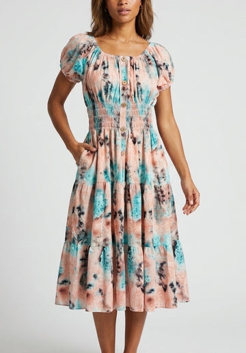 Smocked Bodice Midi Dress - Pink