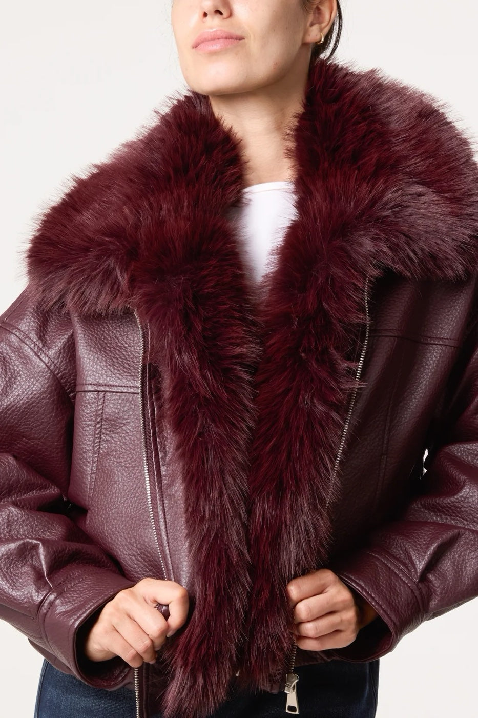 Textured Bomber Jacket with Faux Fur Collar - Wine