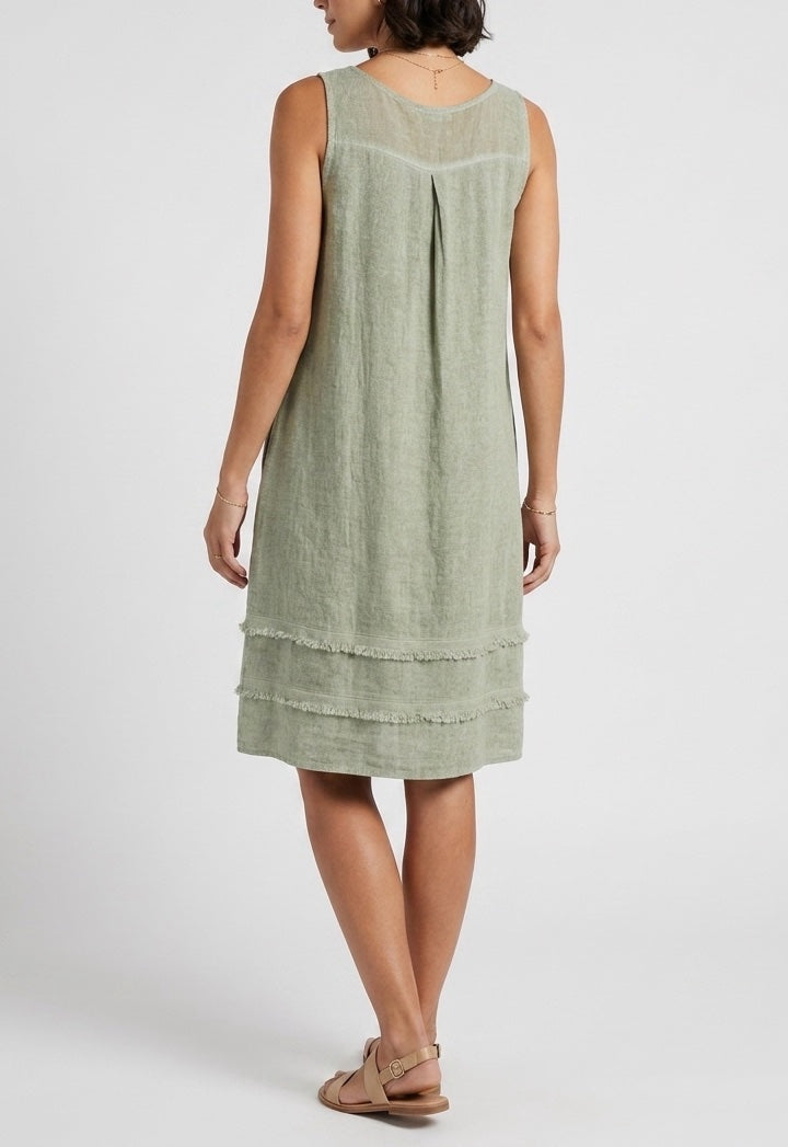 Cotton Shift Dress with Frayed Hem - Khaki