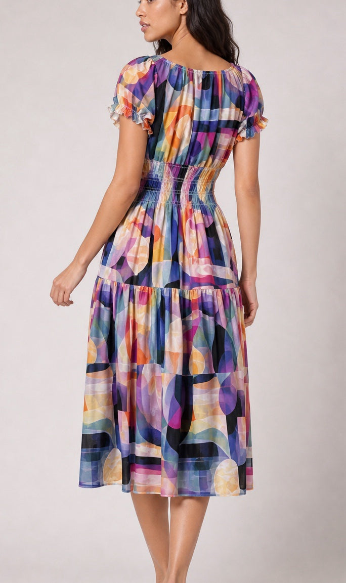 Shirred Bodice Midi Dress - Medium Purple