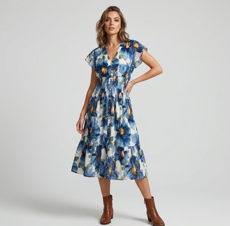 Bold Flower Midi Dress with Shirred Waist - Mixed Pack
