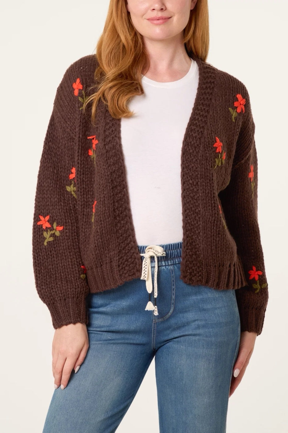 Embroidered Chunky Knit Cardigan - Chocolate