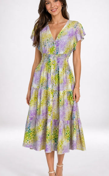Abstract Spot Midi Dress with Flutter Sleeves - Lilac