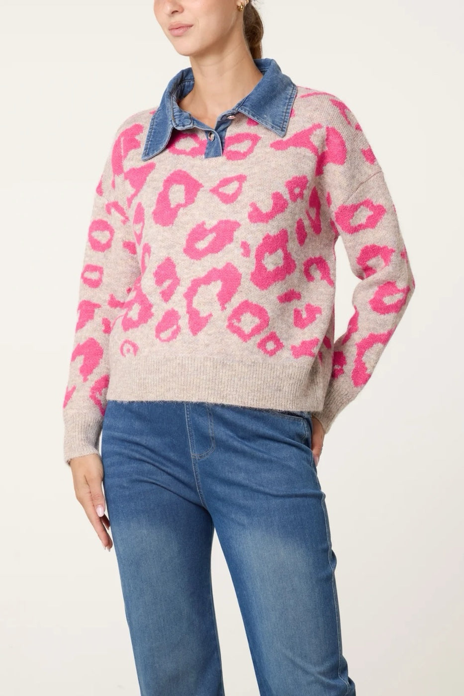 Leopard Print Knit Sweater with Denim Collar - Hot Pink