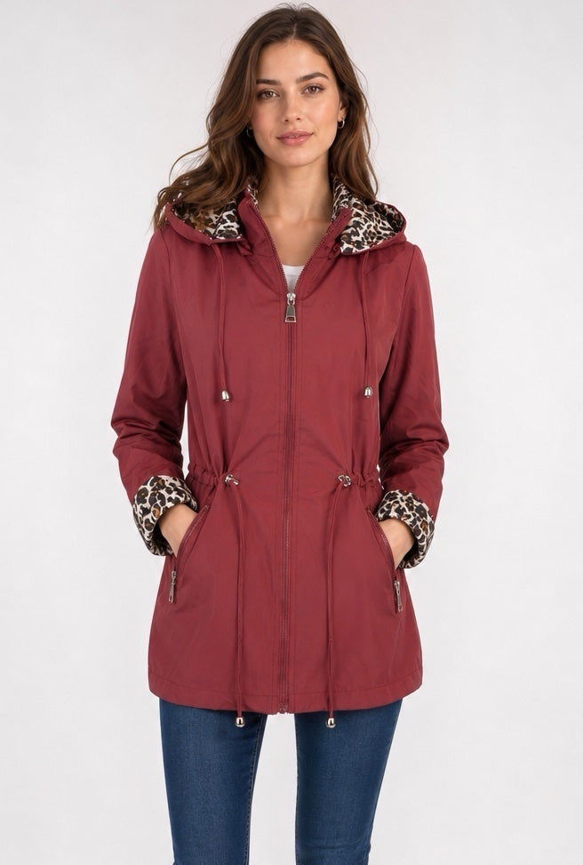 Hooded Parka Jacket with Leopard Print Lining - Wine