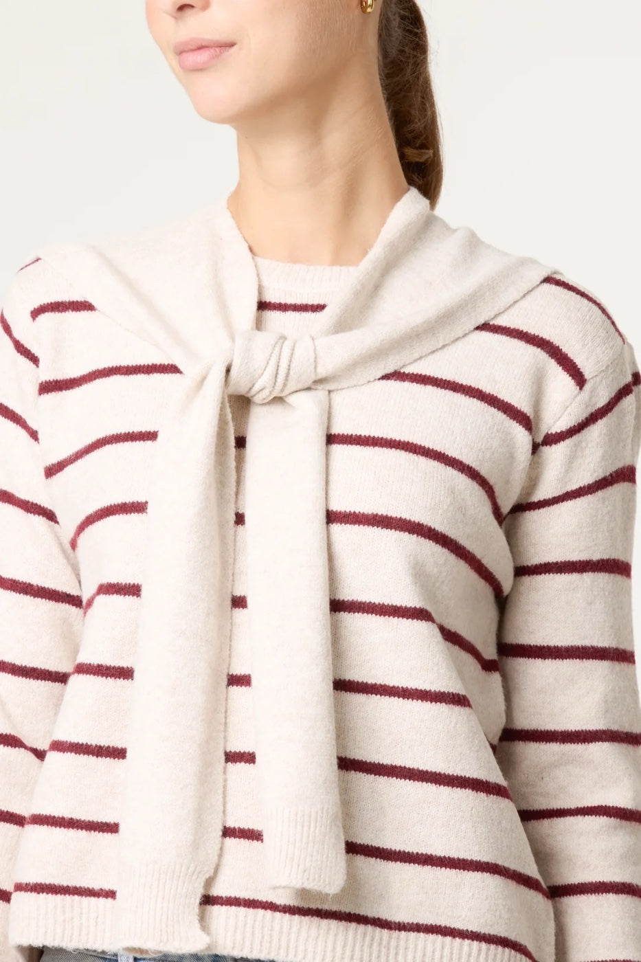 Striped Knit Scarf Wrap Jumper - Wine (2)