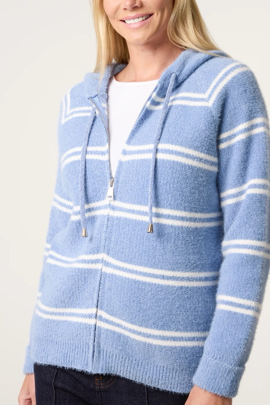 Striped Hooded Zip-Through Cardigan - Denim/Ivory