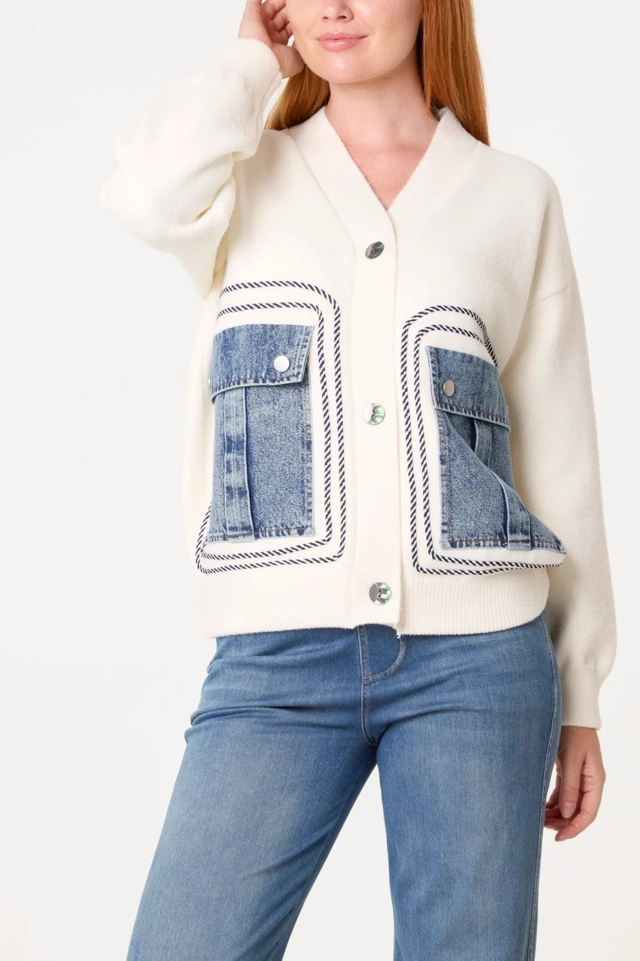 Denim Pocket Knit Jacket  - Ivory