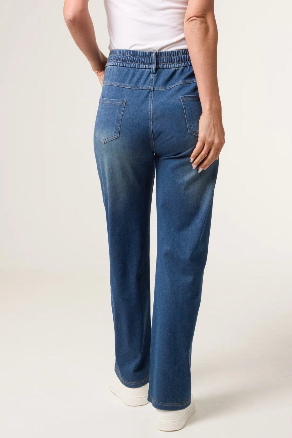 Wide Leg Denim Jeans with Drawstring Waist - Denim (2)