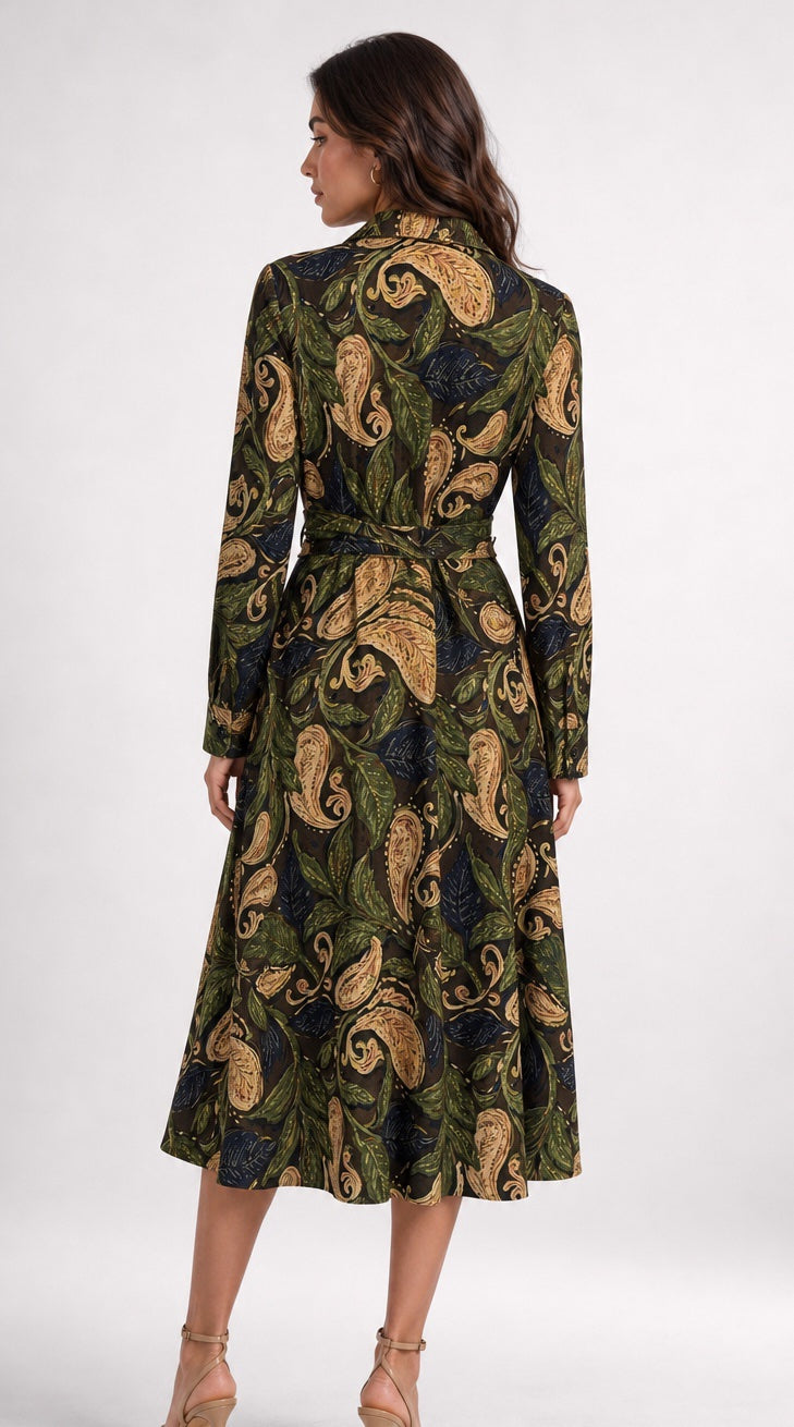 Paisley Print Midi Shirt Dress - Forest Green