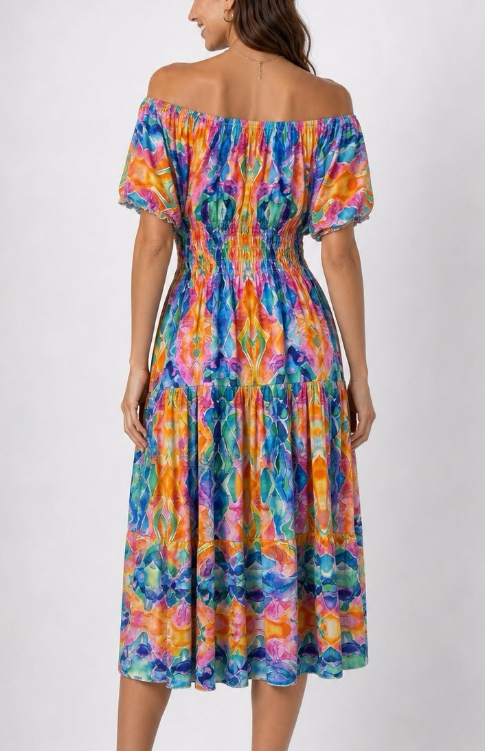 Off-the-Shoulder Smocked Midi Dress 958-J4 - Multi (2)