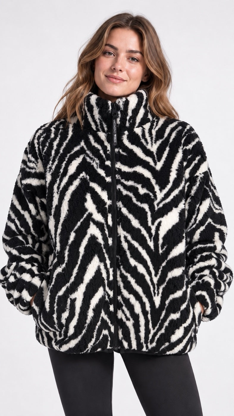 Statement Zebra Print Fleece Jacket - Ivory