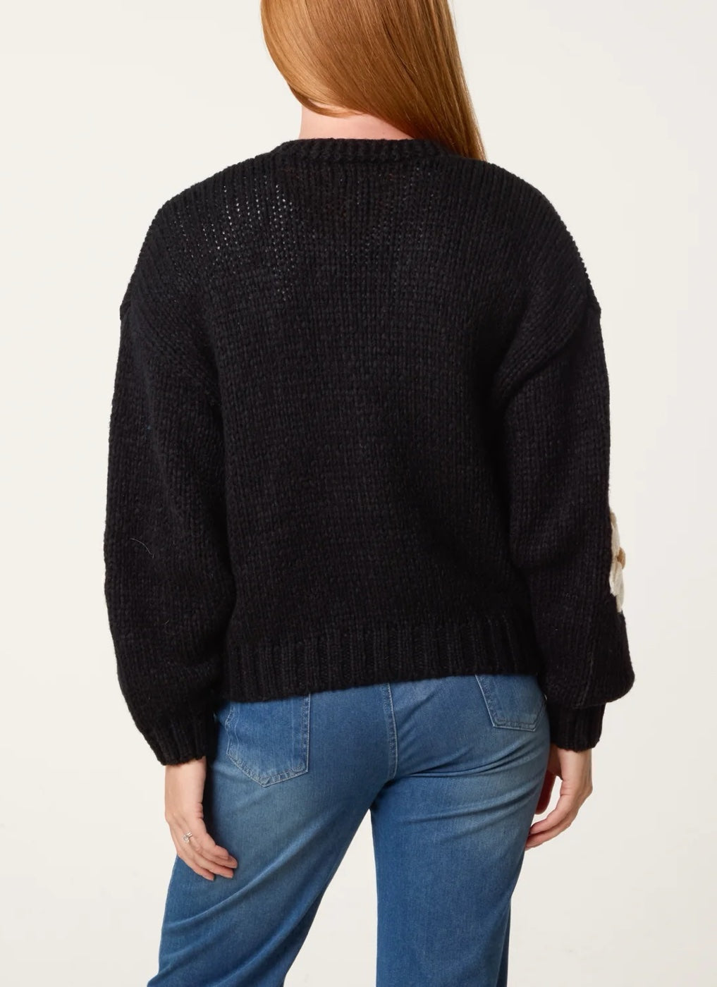 Floral Applique Chunky Knit Cardigan - Black (2)