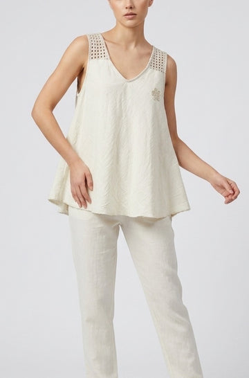 Crochet Shoulder Floral Top - Beige