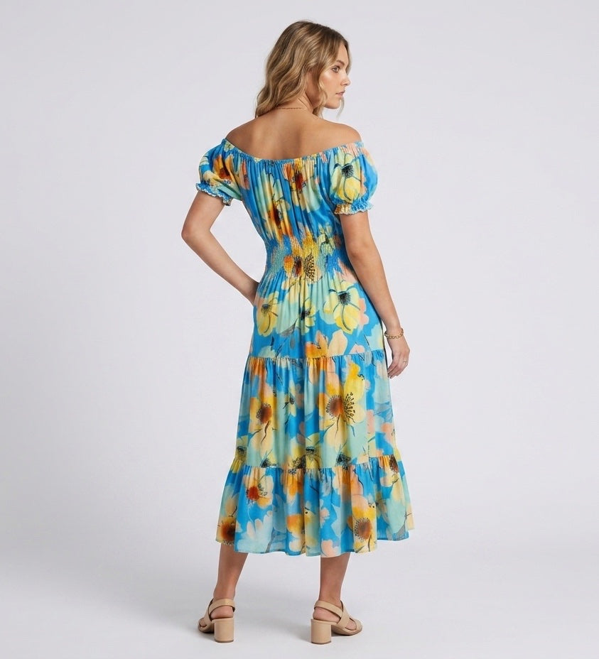 Bohemian Off-Shoulder Tiered Midi Dress - Cornflower Blue (2)