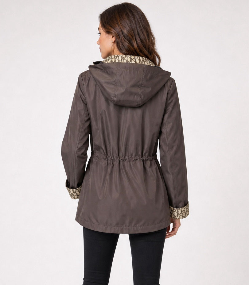 Chic Hooded Jacket with Patterned Lining - Chocolate (2)