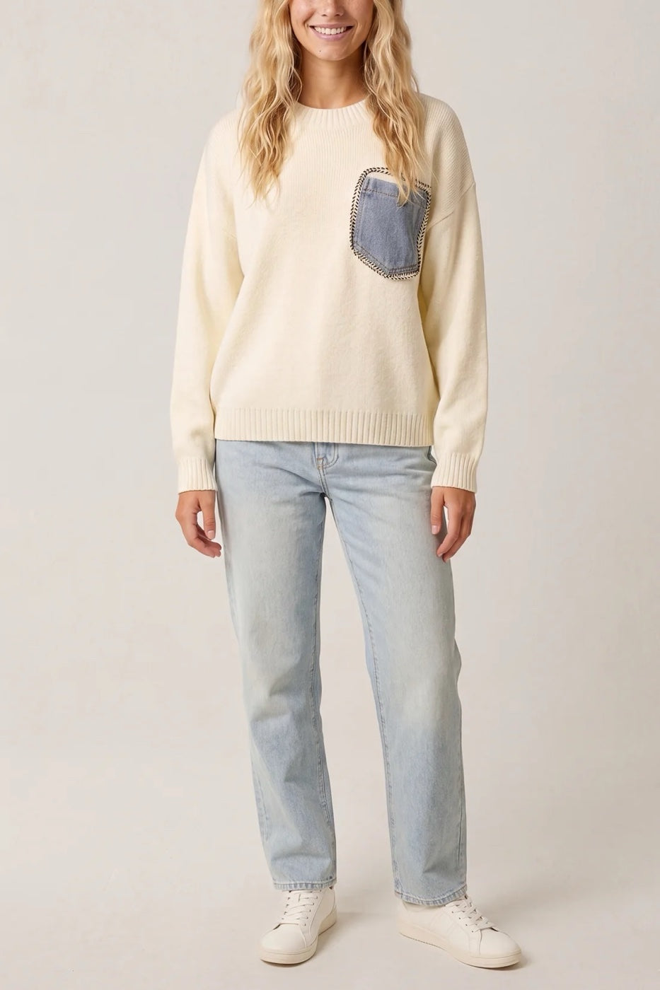 Denim Pocket Soft Knit Jumper - Ivory
