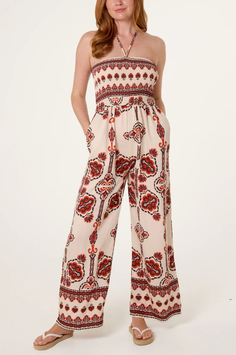 Smocked Bodice Wide-Leg Jumpsuit - Orange