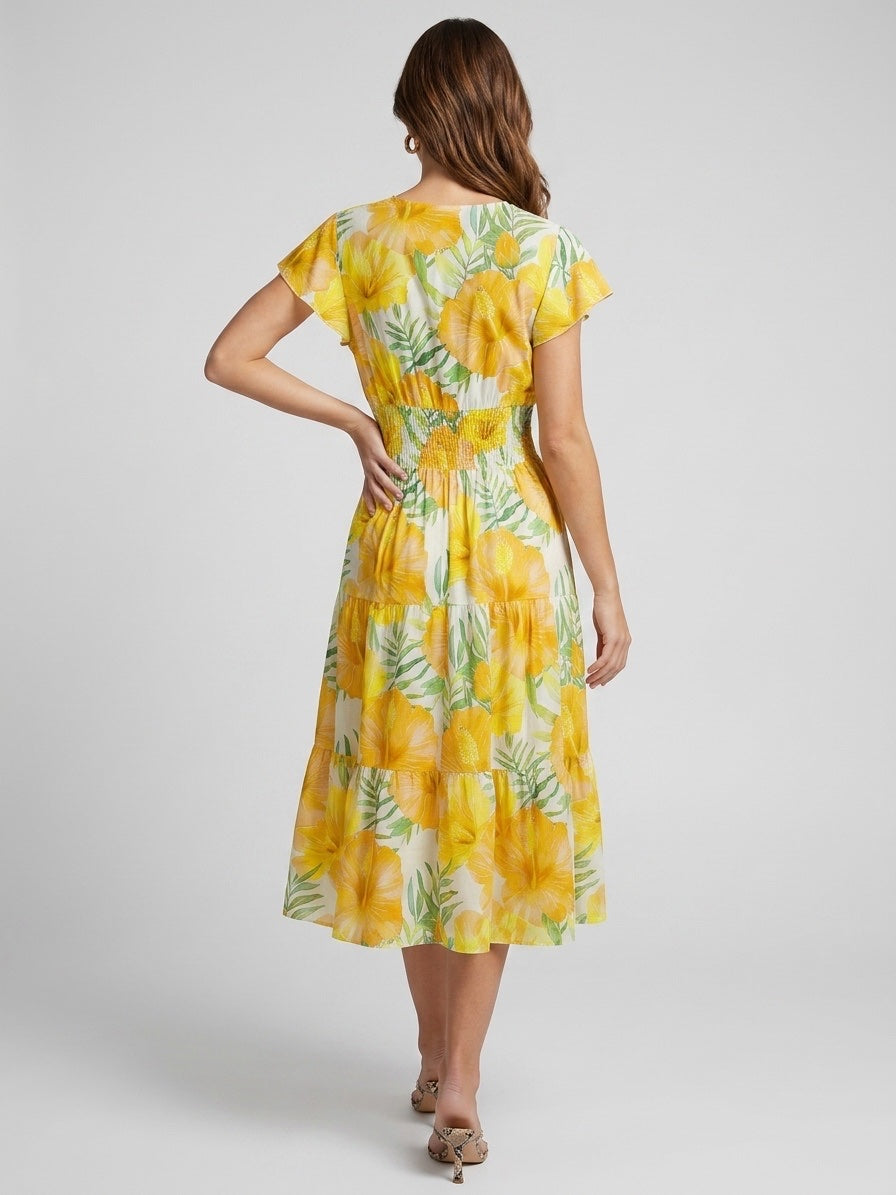Tiered Flutter Sleeve Midi Dress - Lemon (2)
