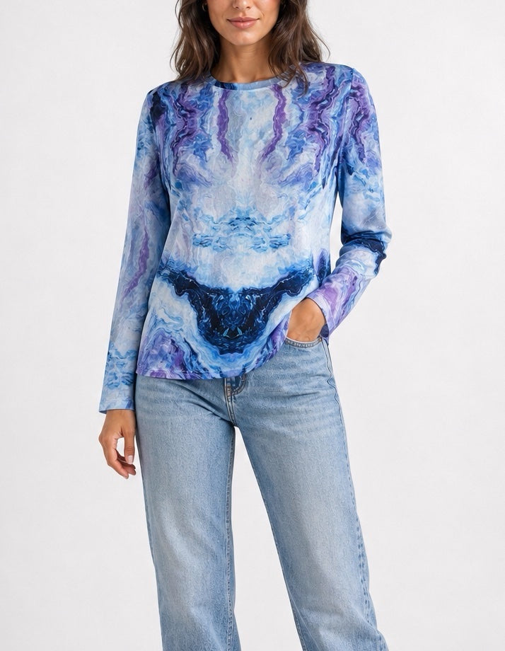 Tie-Dye Print Relaxed Fit Long Sleeve netted top - Turquoise 