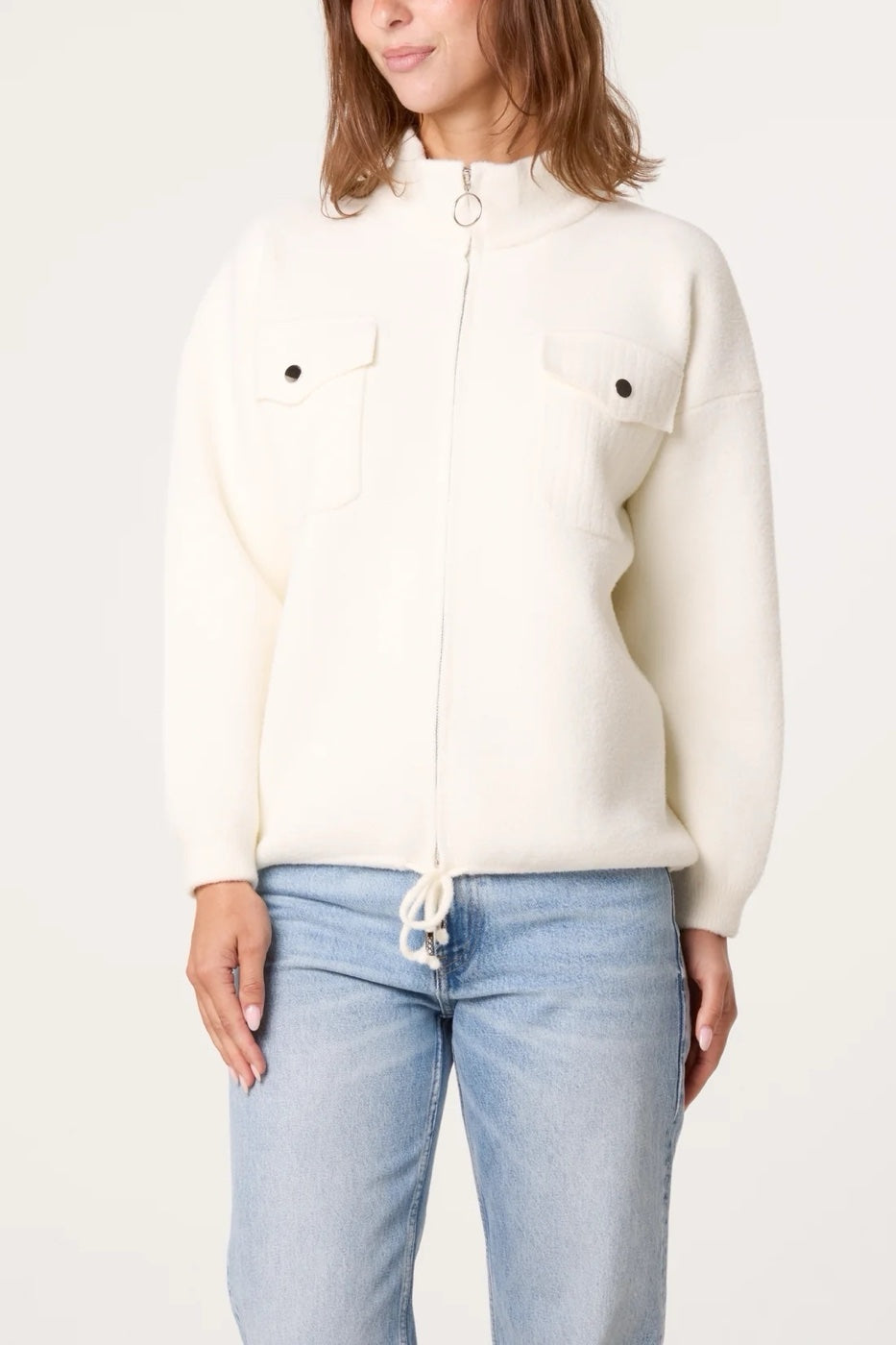 Cosy Zip-Up Knit Jacket with Pockets - Ivory