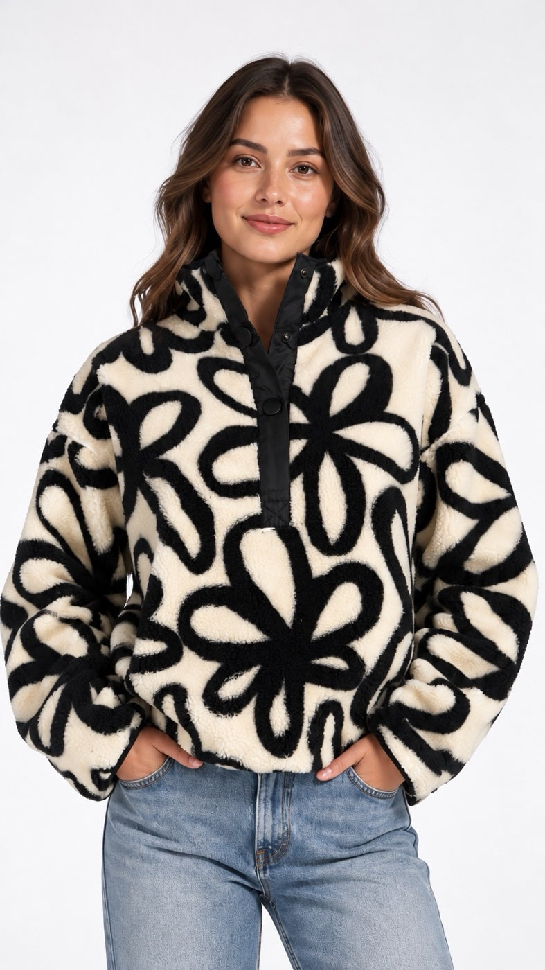 Floral Fleece Stand-Up Collar Pullover - Ivory