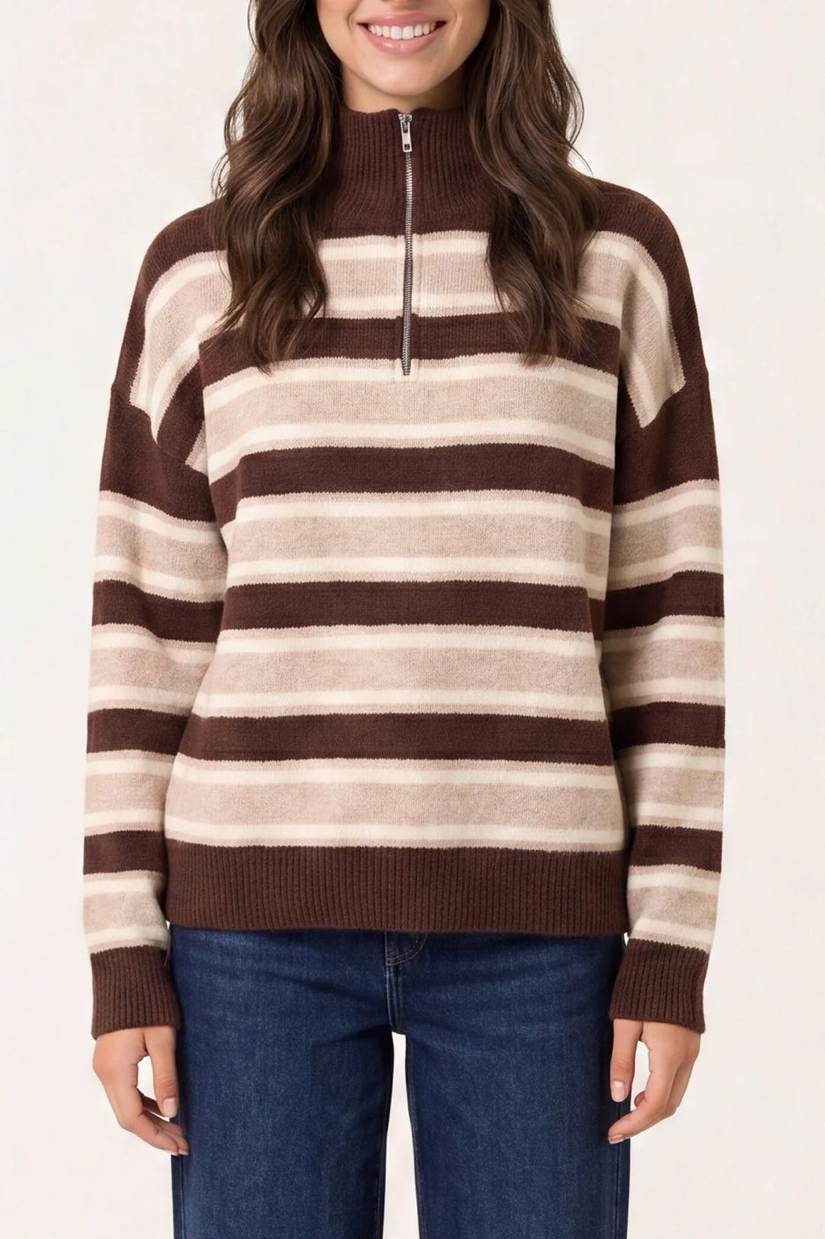 Striped Zip Neck Jumper - Chocolate