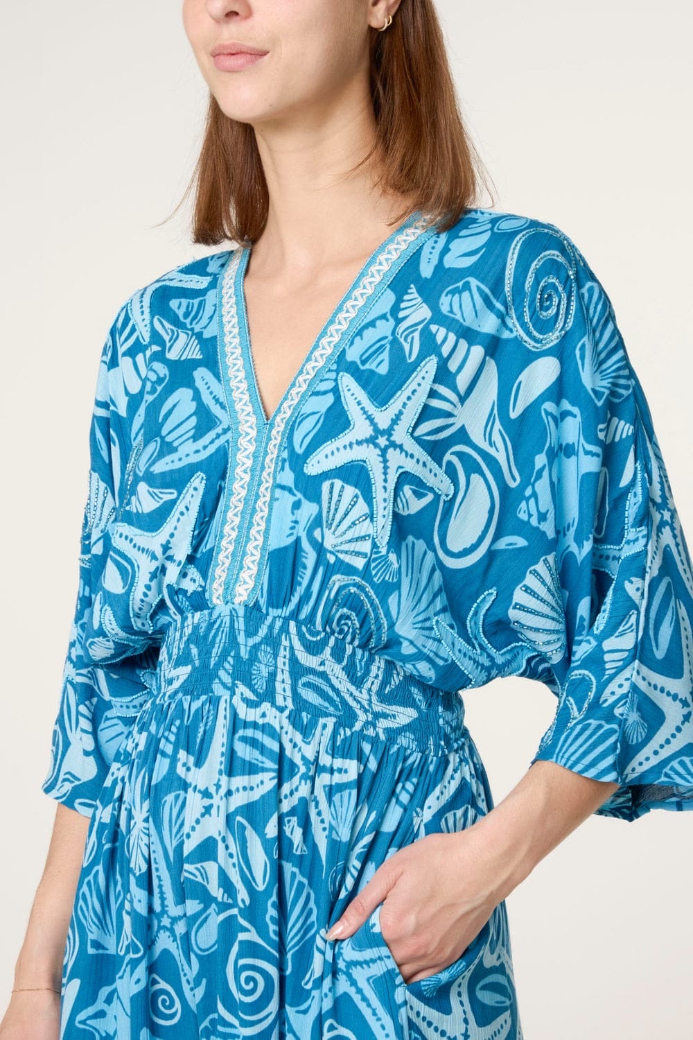 Maxi Dress with Shell and Starfish Print - Blue (2)