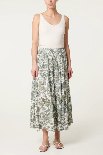 Shirred Waist Wide Leg Print Trousers  - Forest Green