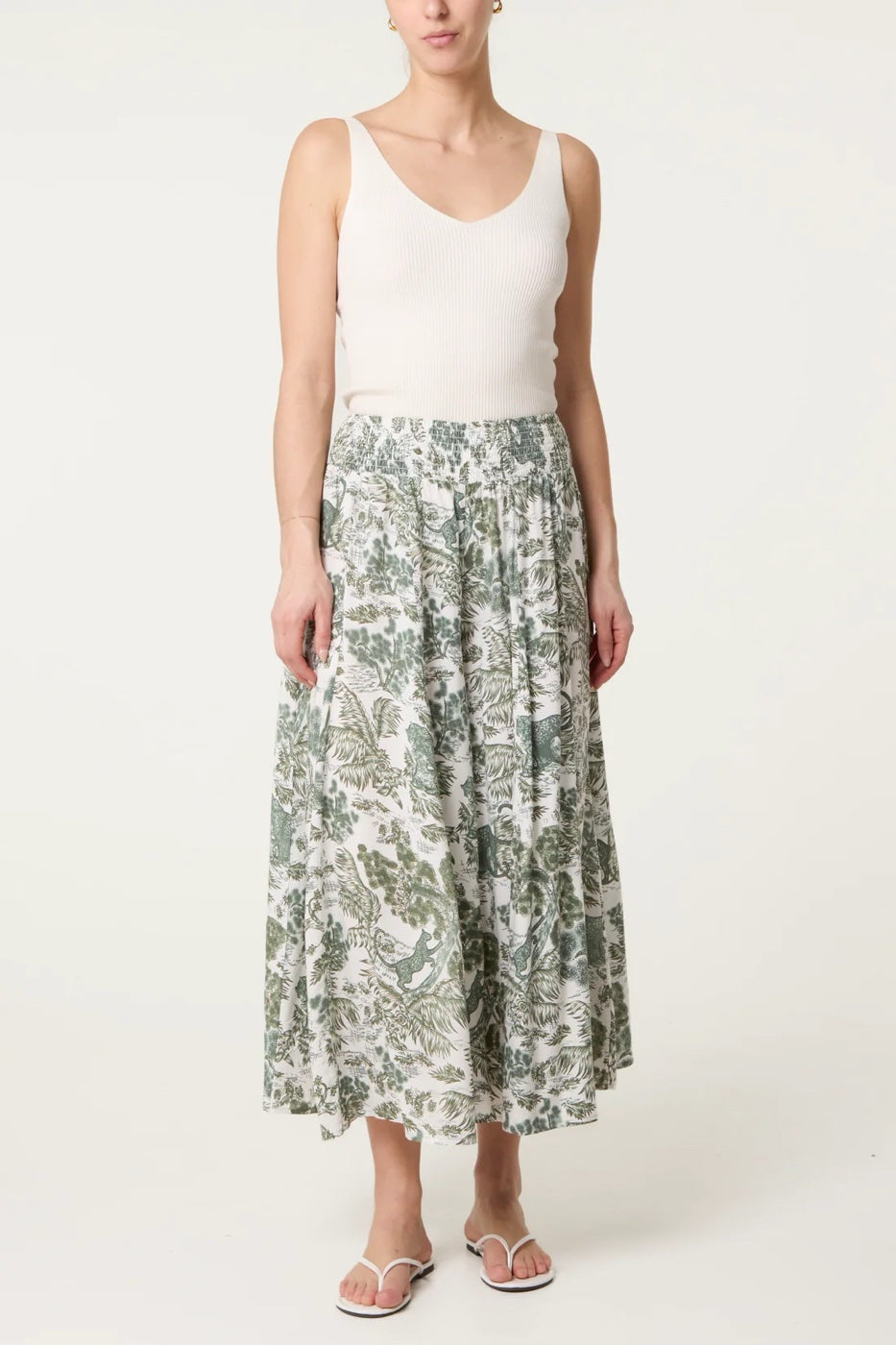 Shirred Waist Wide Leg Print Trousers  - Forest Green