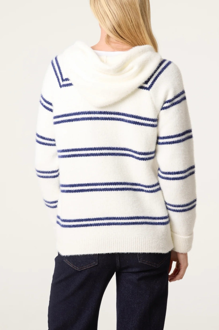 Striped Fuzzy Knit Hoodie - Ivory/Navy (2)