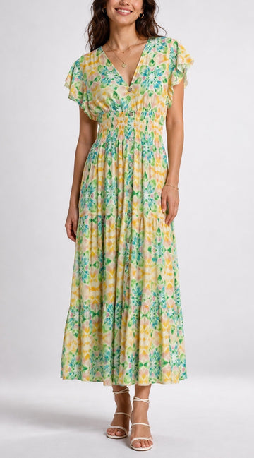 Flutter Sleeve Smocked Waist Maxi Dress 962-L2 - Yellow